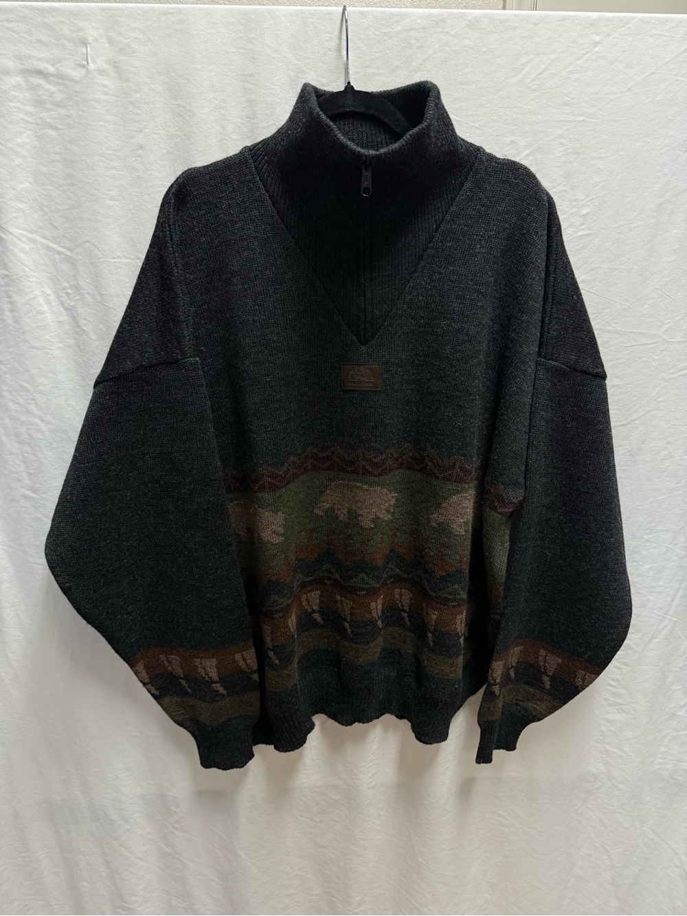 Vintage Arctic Circle Lapland Quarter Zip Knit Sweater Gorpcore Bear Grey Men L